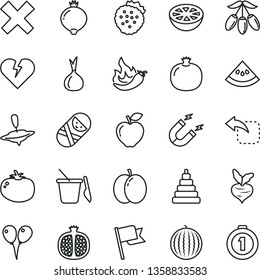 thin line vector icon set - cross vector, stacking toy, tumbler, children's sand set, small yule, colored air balloons, broken heart, flag, move left, tomato, strawberries, apple, pomegranate, half