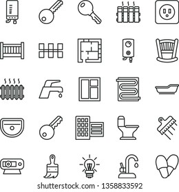 thin line vector icon set - cradle vector, baby cot, bath, window, wooden paint brush, sink, comfortable toilet, laying out, power socket type b, key, city block, ceramic tiles, spatula, radiator
