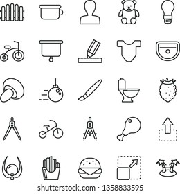 thin line vector icon set - tassel vector, woman, Child T shirt, children's potty, small teddy bear, bicycle, tricycle, big core, sink, toilet, drawing, hedge, expand picture, move up, burger