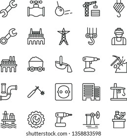 thin line vector icon set - tower crane vector, hook, winch, cordless drill, buildings, gear, core, sea port, working oil derrick, coal mining, valve, water pipes, power line, socket, enterprise