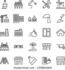 thin line vector icon set - tower crane vector, house, big core, building trolley, trowel, window, small tools, wooden paint brush, ladder, level, city block, putty knife, kiosk, manufacture, forest