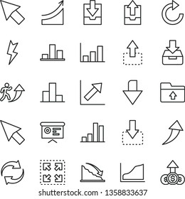 thin line vector icon set - downward direction vector, renewal, clockwise, bar chart, growth, upload archive data, download, folder, lightning, put in a box, size, move up, down, recession, cursor