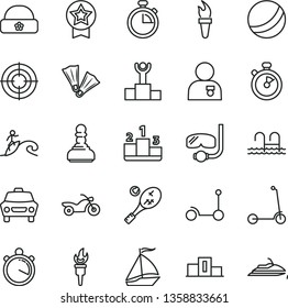 thin line vector icon set - stopwatch vector, bath ball, Kick scooter, child, warm hat, car, pedestal, flame torch, winner podium, pawn, man with medal, star, aim, sail boat, motorcycle, pool