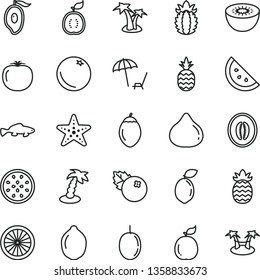 thin line vector icon set - small fish vector, blueberries, a pineapple, orange slice, fig, half of mango, melon, passion fruit, lime, kiwi, tamarillo, sour, guava, guawa, ripe, persimmon, palm tree