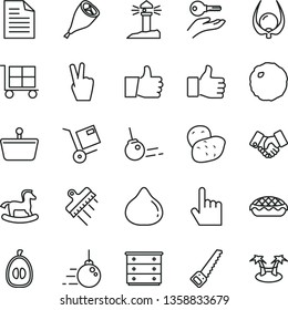 thin line vector icon set - cargo trolley vector, scribbled paper, chest of drawers, small rocking horse, big core, arm saw, spatula, index finger, thumb up, shipment, apple pie, grill chicken leg