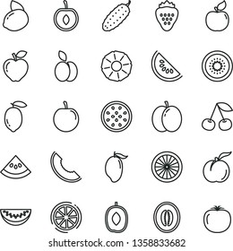 thin line vector icon set - cucumber vector, strawberry, apple, cherry, ripe peach, apricot, red, slice of melon, water, mango, delicious plum, half, tasty, lemon, yellow, kiwi, passion fruit