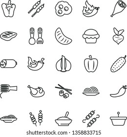 thin line vector icon set - plastic fork spoons vector, sausage, fried vegetables on sticks, onion, slices of, noodles, cake, a bowl buckwheat porridge, chicken, grill leg, chop, barbecue, cucumber