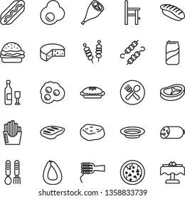 thin line vector icon set - a chair for feeding vector, iron fork spoons, sausage, stick of, cheese, fried vegetables on sticks, pizza, Hot Dog, burger, noodles, pie, plate, grill chicken leg, bacon