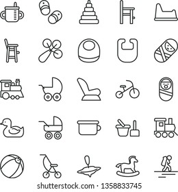 thin line vector icon set - mug for feeding vector, bib, baby, rattle, car child seat, stroller, carriage, summer, rubber duck, bath ball, stacking toy, roly poly doll, tumbler, sand set, chair, a
