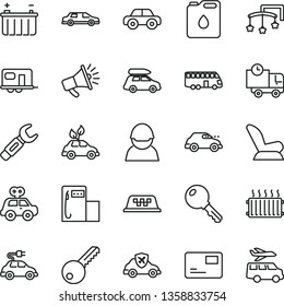 thin line vector icon set - toys over the cot vector, car child seat, motor vehicle, present, key, pass card, delivery, modern gas station, battery, racer, canister of oil, electric, retro, horn