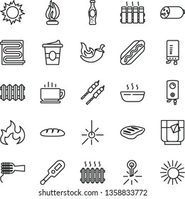 thin line vector icon set - electronic thermometer vector e, heating coil, radiator, new, boiler, coffee, sausage, loaf, Hot Dog, noodles, porridge, chop, barbecue, chili, coffe to go, bottle soda