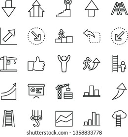 thin line vector icon set - upward direction vector, downward, line chart, growth, crane, tower, winch hook, stepladder, ladder, left bottom arrow, thumb up, move, right, bar, financial report, man