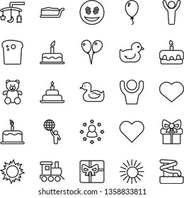 thin line vector icon set - heart symbol vector, toys over the cradle, rubber duck, baby duckling, teddy bear, toy train, colored air balloons, balloon, cake, birthday, Easter, slice, torte, gift
