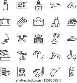 thin line vector icon set - suitcase vector, passport, sand castle, plane, passenger, rolling, ticket, case, hotel, tent, arnchair under umbrella, palm tree, aquapark, diving mask, surfing, golf