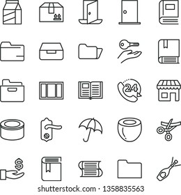 thin line vector icon set - folder vector, book, e, books, window frame, door knob, ntrance, umbrella, drawer, cardboard box, 24, package, canned goods, half of coconut, kiosk, get a wage, exit