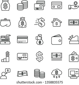 thin line vector icon set - bank card vector, dollar, cards, coins, reverse side of a, front the, denomination, catch coin, wallet, purse, money, dollars, cash, machine, cashbox, bag hand, rain, atm