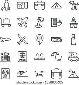 thin line vector icon set - suitcase vector, case, passport, sand castle, dollar pin, plane, bus, passenger, rolling, ticket, departure, hotel, tent, beach, arnchair under umbrella, palm tree, pool