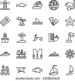 thin line vector icon set - small fish vector, sea port, commercial seaport, lighthouse, coastal, planet, sand castle, sail boat, hotel, beach, palm tree, starfish, flippers, diving mask, surfing