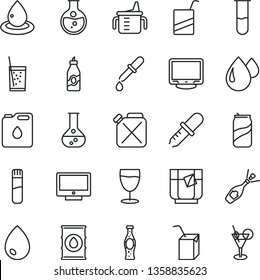 thin line vector icon set - measuring cup for feeding vector, e, packing of juice with a straw, drop, screen, glass soda, tea, can, bottle, liquor, round flask, oil, canister, monitor, test tube