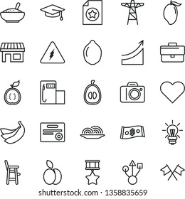 thin line vector icon set - camera vector, briefcase, a chair for feeding child, heart, onion, bowl of rice porridge, apple, mango, half loquat, bananas, lime, guawa, modern gas station, power pole
