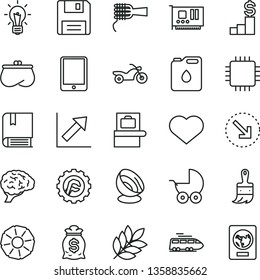 thin line vector icon set - heart symbol vector, growth chart, baby stroller, e, wooden paint brush, star gear, right bottom arrow, noodles, slice of pineapple, canister oil, purse, tablet pc, cpu