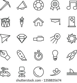 thin line vector icon set - horn vector, drum, house, knife, orange, light bulb, lan connector, note, chair, graduate hat, medal, rocket, stopwatch, ink pen, flame torch, mine axe, diamond, sun