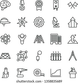 thin line vector icon set - cordless drill vector, measuring tape, plastic brush, ladder, buildings, helmet, plummet, gear, pavement, temperature, radiator, boiler, microscope, atom, brain, 3d cube