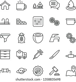 thin line vector icon set - tassel vector, hammer of a judge, storage unit, children's potty, brick wall, gears, star gear, faucet mixer, regulator, delivery, cup tea, half coconut, drop oil, saturn