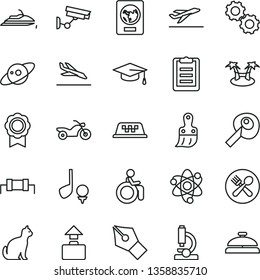 thin line vector icon set - plastic brush vector, microscope, atom, gears, graduate hat, clipboard, artifical insimination, medal, saturn, ink pen, resistor, taxi, motorcycle, passport, baggage