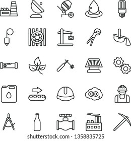 thin line vector icon set - concrete mixer vector, adjustable wrench, construction level, helmet, plummet, leaves, valve, industrial building, thermal power plant, production conveyor, builder, drop