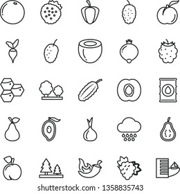 thin line vector icon set - cloud vector, chili, strawberries, pear, honeycombs, peach, ripe, half apricot, branch of grape, medlar, blackberry, mulberry, tasty, mango, coconut, grapefruit, pepper
