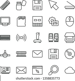 thin line vector icon set - radiator fan vector, mouse, keyboard, memory, pc card, monitor, usb, cd, scanner, flash, speaker, browser, connect, floppy, wireless, magnifier, joystick, sd, mail, cloud