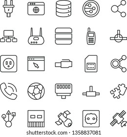 thin line vector icon set - Puzzle vector, power socket type b, f, big data, electric plug, SIM card, connection, connections, scheme, phone call, mobile, usb, router, network, browser, connect