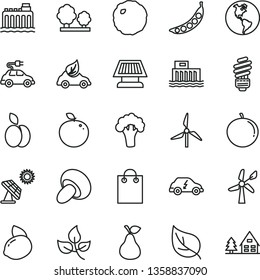 thin line vector icon set - saving light bulb vector, porcini, cabbage, apple, pear, tangerine, yellow lemon, delicious, peas, broccoli, big solar panel, leaves, leaf, windmill, wind energy, trees