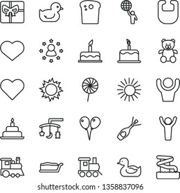 thin line vector icon set - heart symbol vector, toys over the cradle, bib, rubber duck, baby duckling, teddy bear, toy train, children's, colored air balloons, cake, birthday, Easter, slice, sun
