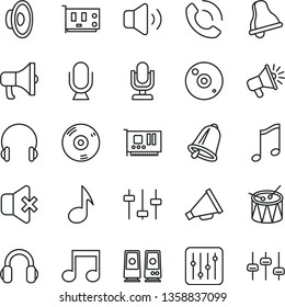 thin line vector icon set - bell vector, desktop microphone, horn, loudspeaker, drum, headphones, music, regulator, volume, no sound, phone call, megaphone, pc card, cd, speaker, note, settings