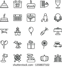 thin line vector icon set - daily calendar vector, colored air balloons, balloon, cake, birthday, gift, torte, lollipop, glass, pumpkin, wall, giftbox, sand castle, champagne, car baggage, passenger