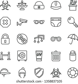 thin line vector icon set - mark of injury vector, spectacles, scales, toys over the cot, nappy, powder, winter hat, warm, construction helmet, dust bin, lock, key, umbrella, strongbox, glasses