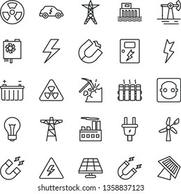 thin line vector icon set - lightning vector, danger of electricity, matte light bulb, dangers, radiator, solar panel, working oil derrick, coal mining, wind energy, battery, hydroelectric station