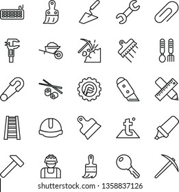 thin line vector icon set - clip vector, safety pin, iron fork spoons, garden trolley, trowel, plastic brush, wooden paint, stepladder, writing accessories, construction helmet, putty knife, spatula