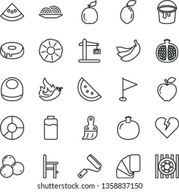 thin line vector icon set - pennant vector, baby bib, a chair for feeding, paint bucket, new roller, sample of colour, plastic brush, broken heart, onion, cake with hole, orange slice, pomegranate