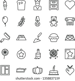 thin line vector icon set - teddy bear vector, balloon, cake, building trowel, window, new roller, wooden paint brush, paving slab, pavement, heart, nightstand, Easter, slice, lollipop, pumpkin