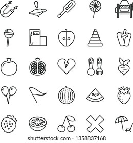 thin line vector icon set - wind direction indicator vector, cross, electronic thermometer e, stacking toy, plastic fork spoons, small yule, colored air balloons, concrete mixer, broken heart, peper