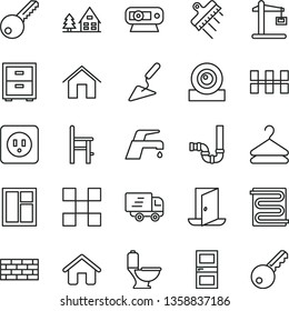 thin line vector icon set - bedside table vector, a chair for feeding, house, brickwork, building trowel, window, toilet, siphon, power socket type b, key, interroom door, tile, ceramic tiles, home