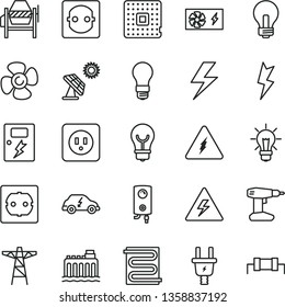 thin line vector icon set - lightning vector, danger of electricity, incandescent lamp, concrete mixer, drill, power socket type b, f, dangers, heating coil, boiler, bulb, fan screw, big solar panel