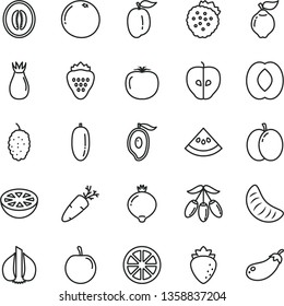 thin line vector icon set - carrot vector, strawberry, strawberries, apple, quince, tasty, raspberry, rose hip, medlar, mulberry, half of mango, goji berry, peach, melon, date fruit, slice tangerine