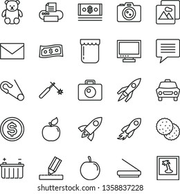 thin line vector icon set - image of thought vector, monitor, envelope, open pin, small teddy bear, drawing, picture, camera, car, jam, biscuit, apricot, tasty plum, battery, welding, space rocket