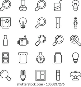 thin line vector icon set - matte light bulb vector, incandescent lamp, zoom, measuring cup for feeding, e, window, interroom door, magnifier, a glass of tea, bottle soda, jam, round flask, mercury