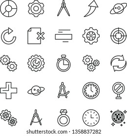 thin line vector icon set - prohibition vector, clock face, renewal, plus, minus, clockwise, cogwheel, gear, timer, delete page, gears, scribed compasses, ring diagram, wall watch, drawing compass