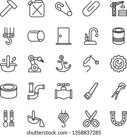 thin line vector icon set - scissors vector, open pin, iron fork spoons, tower crane, hook, winch, adjustable wrench, arm saw, ntrance door, gear, kitchen faucet, hammer, anchor, clip, canned goods